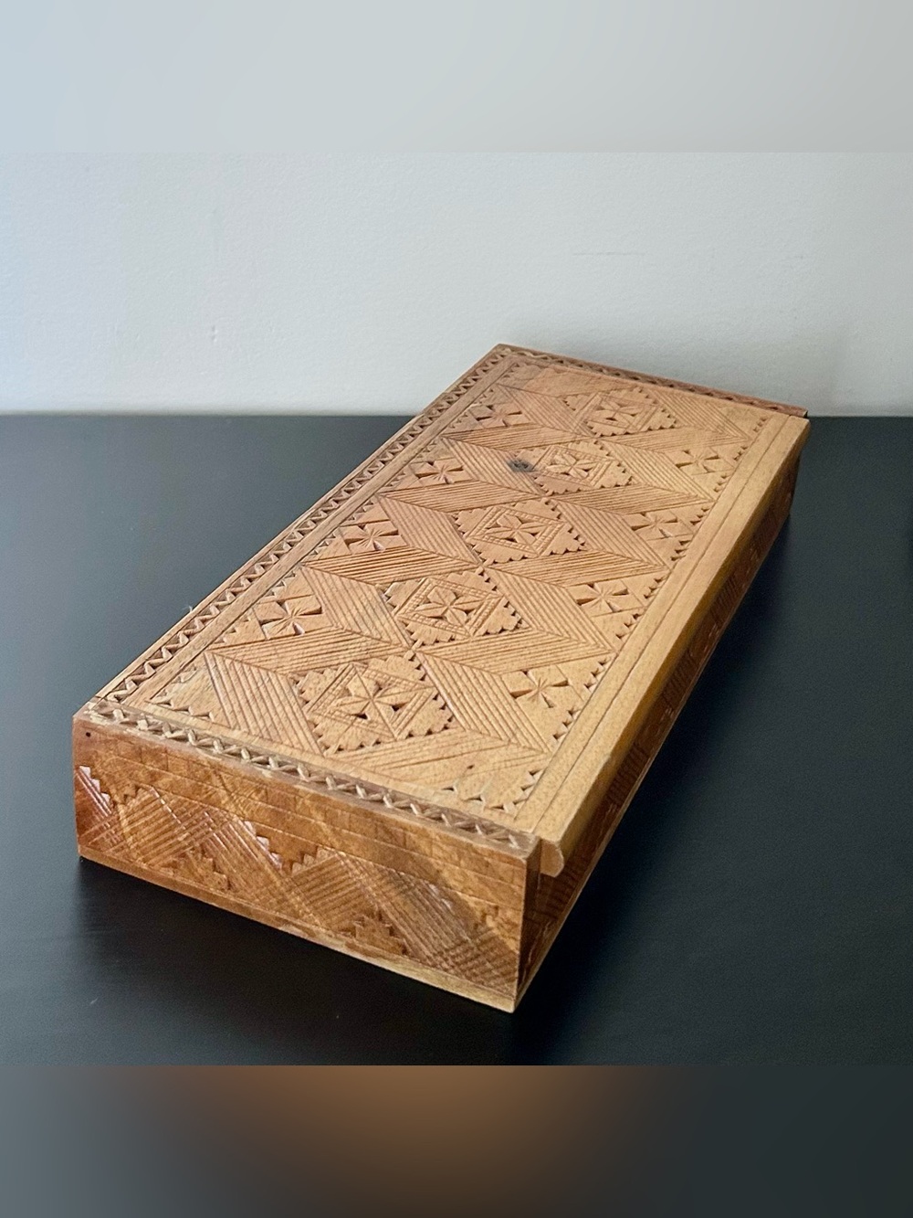 Vintage Mid-Century Yugoslavian Trinket Jewelry Box 10”x4.25” Walnut Wood